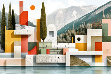 Abstract Geometric Landscape with Mountains and Trees