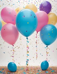 Festive balloons in shades of pink and blue, with sparkling confetti, evoke a cheerful celebration atmosphere.