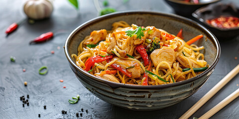Stir-fry. Delicious cooked noodles with chicken and vegetables in bowl served on gray textured table