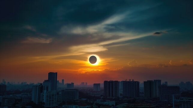 The sun is setting behind the city skyline, creating a dramatic solar eclipse in the sky