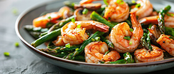sauteed shrimp served with asparagus beans and mushrooms - obrazy, fototapety, plakaty