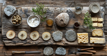   A wooden table adorned with various cheese assortments and a wooden board displaying additional cheese varieties