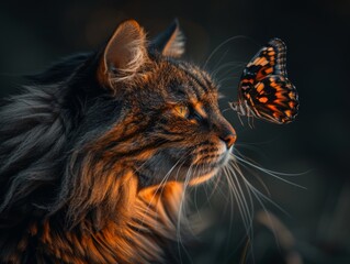 A gray cat with spotted fur watches the flight of an orange butterfly in the sunlight
Concept: nature conservation, animals and their habitats