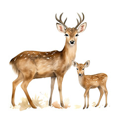 AI-generated watercolor cute mother deer and baby deer clip art illustration. Isolated elements on a white background.