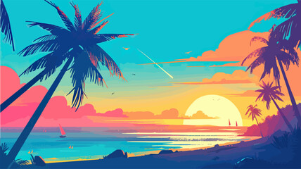Fototapeta na wymiar Tropical beach with palm trees and sunset, vector illustration