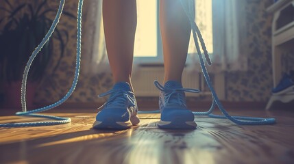 A skipping rope coiled on the floor, a fun cardio exercise for a young woman's daily workout routine - obrazy, fototapety, plakaty