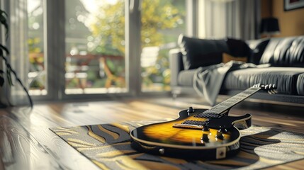 Stylish home of rock musician with black guitar, yellow and gray colors