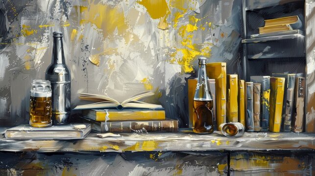 Many books and one botle beer on light stylish room. yellow and gray colors with realistic details