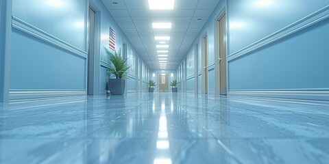 Modern entrance hall with glass curtain walls and Flags of the United States of America