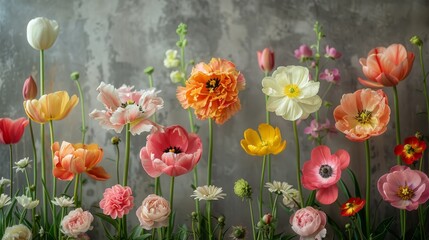   A collection of blooms arranged in a vase on a table facing a wall