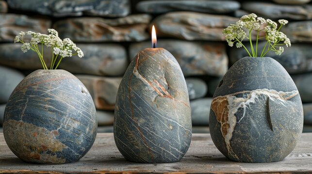   Three vases filled with flowers rest atop a table alongside a mound of stones and a flickering candle