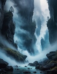 A mystical landscape illustration of a foggy ravine surrounded by towering cliff faces and verdant vegetation, evoking a sense of wonder - obrazy, fototapety, plakaty