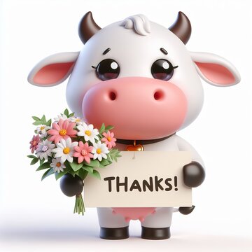 Cute character 3D image of Cow with flowers and saying thanks white background