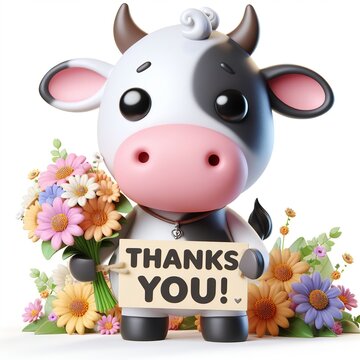 Cute character 3D image of Cow with flowers and saying thanks white background