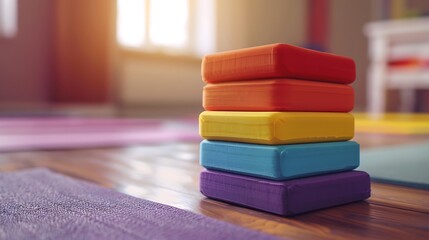 A stack of colorful yoga blocks, ready for a young woman's morning workout session - Powered by Adobe