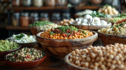   A wooden bowl brimming with various dishes alongside bowls holding diverse cuisine