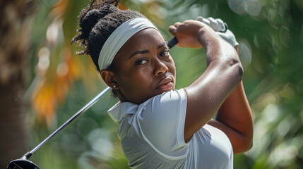 Fototapeta premium Black Woman Executing A Golf Swing, Athletic Female