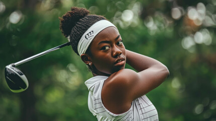 Black Woman Executing A Golf Swing, Athletic Female - obrazy, fototapety, plakaty