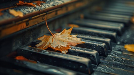 Autumn leaf on vintage piano with open lid, water reflection