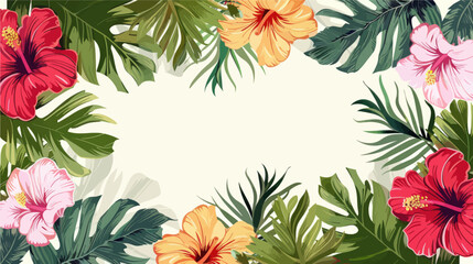 Tropical watercolor plants and flowers, summer holiday banner - obrazy, fototapety, plakaty
