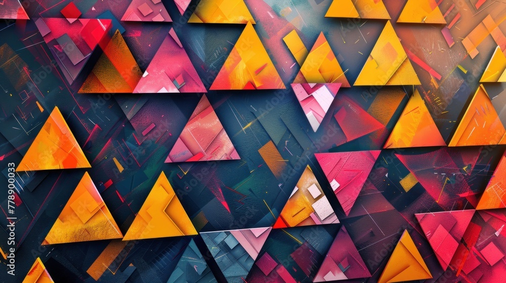 Poster typography with dynamic, colorful triangle patterns.