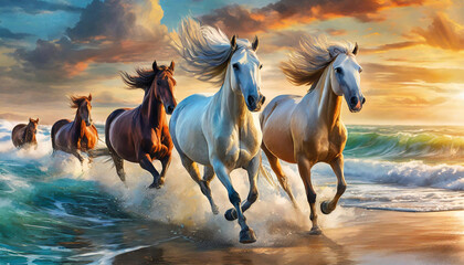 horse on the beach - obrazy, fototapety, plakaty
