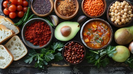 Bowls of Food + Fruit & Vegetables on Wooden Table