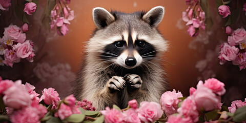 A raccoon sits with its paws folded on a pink floral background. Spring or summer advertising...