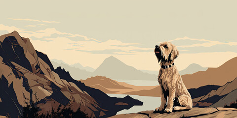 A large white dog sits on a snowy mountains background. Pet vintage sketch in brown and beige colors. - obrazy, fototapety, plakaty