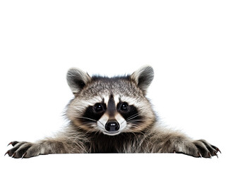 Raccoon with paws spread apart on a white background. Empty space for product placement or advertising text.
