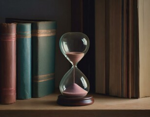 An hourglass on a shelf in a dimly lit library corner, surrounded by leather-bound books, highlighting the pursuit of knowledge through the ages