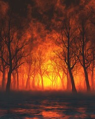 Bare trees against a winter sunset, stark silhouettes in a fiery sky ,3DCG,clean sharp focus