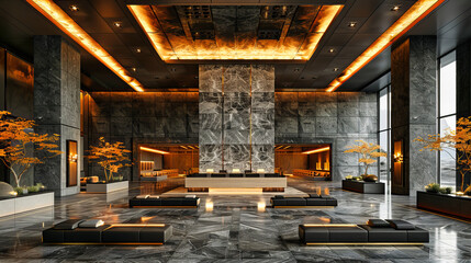 Sophisticated Hotel Lobby Design, Combining Luxury and Modern Architecture for a Welcoming and Elegant Entrance