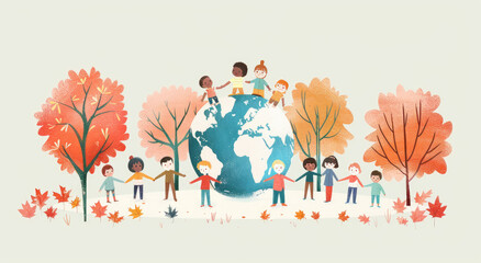 Obraz premium A group of children standing around the Earth, holding hands and smiling at each other; The background is an autumn forest with trees that have left their leaves on them
