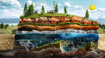 An Illustrated Cross-Section of Earth’s Environment and Human Interaction - obrazy, fototapety, plakaty