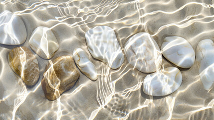 Fototapeta na wymiar Smooth, colorful stones contrast with clear ocean water lapping at the white sand beach