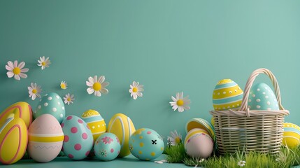 Easter Tradition: A Celebration of Colors, Creativity, and Culture in Nature's Sunny Springtime Grass with Multi-Colored Easter Eggs, Symbolizing Christianity, Art, and Social Issues through Freshness - obrazy, fototapety, plakaty