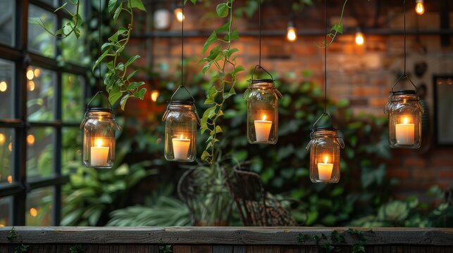   A line of lit candles in mason jars hangs in front of a brick wall