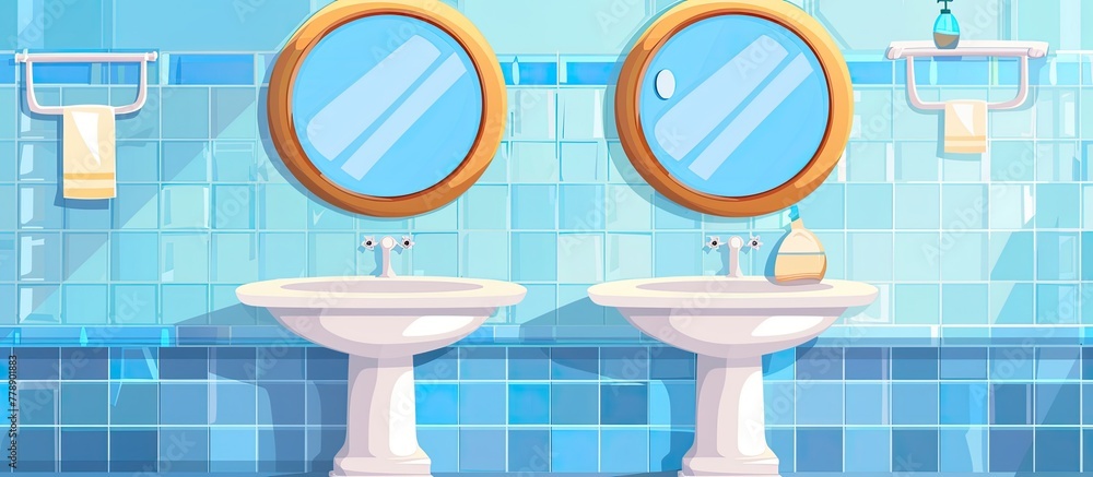 Poster a photograph of a bathroom with two sinks and two mirrors. the azure blue tiles line the walls, crea