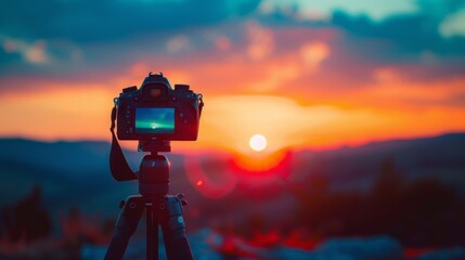 Camera tripod and sunset minimalist horizon - obrazy, fototapety, plakaty