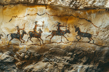 Ancient hunt on the wall of the cave ocher. prehistorical art.