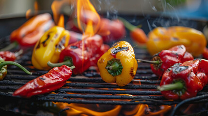 Yellow and red peppers grilling on an open flame BBQ.