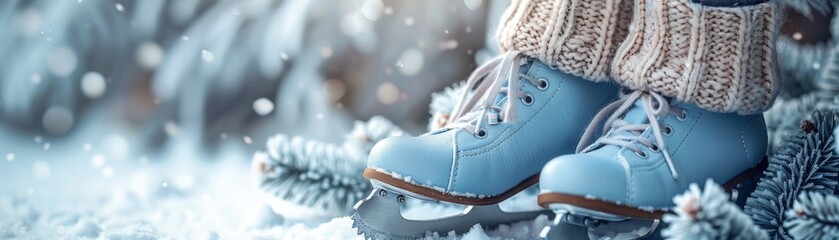 Ice skates and winter scarf isolated on frosty background - obrazy, fototapety, plakaty