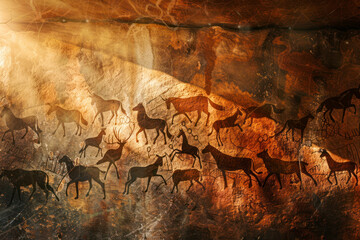 Cave art pattern made of ancient wild animals, horses and hunters.