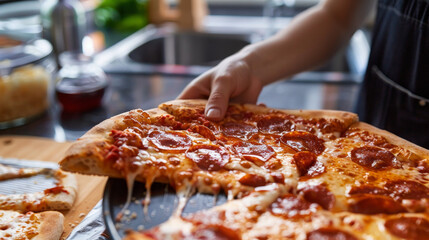 Hand taking a cheesy slice of pepperoni pizza, ready to eat. - obrazy, fototapety, plakaty