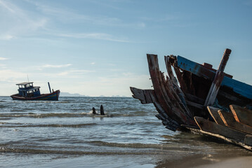 Wreck of a fishing boat on the beach