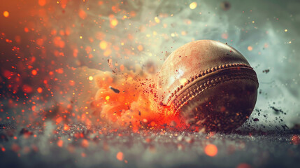 Cricket ball hitting the ground with a fiery explosion of dust.