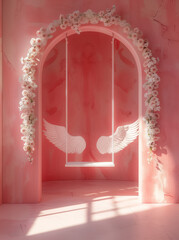 Photo shooting space with angel wings provides a fairy-tale atmosphere, allowing individuals to pose as angels.Minimal creative fashion concept