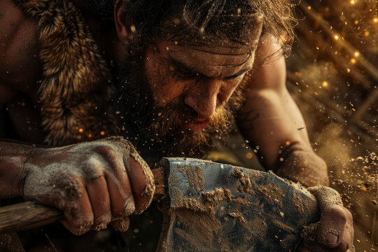 Neanderthal Using Hand axe to Create first Wheel.