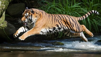A Tiger Leaping Gracefully Across A Stream